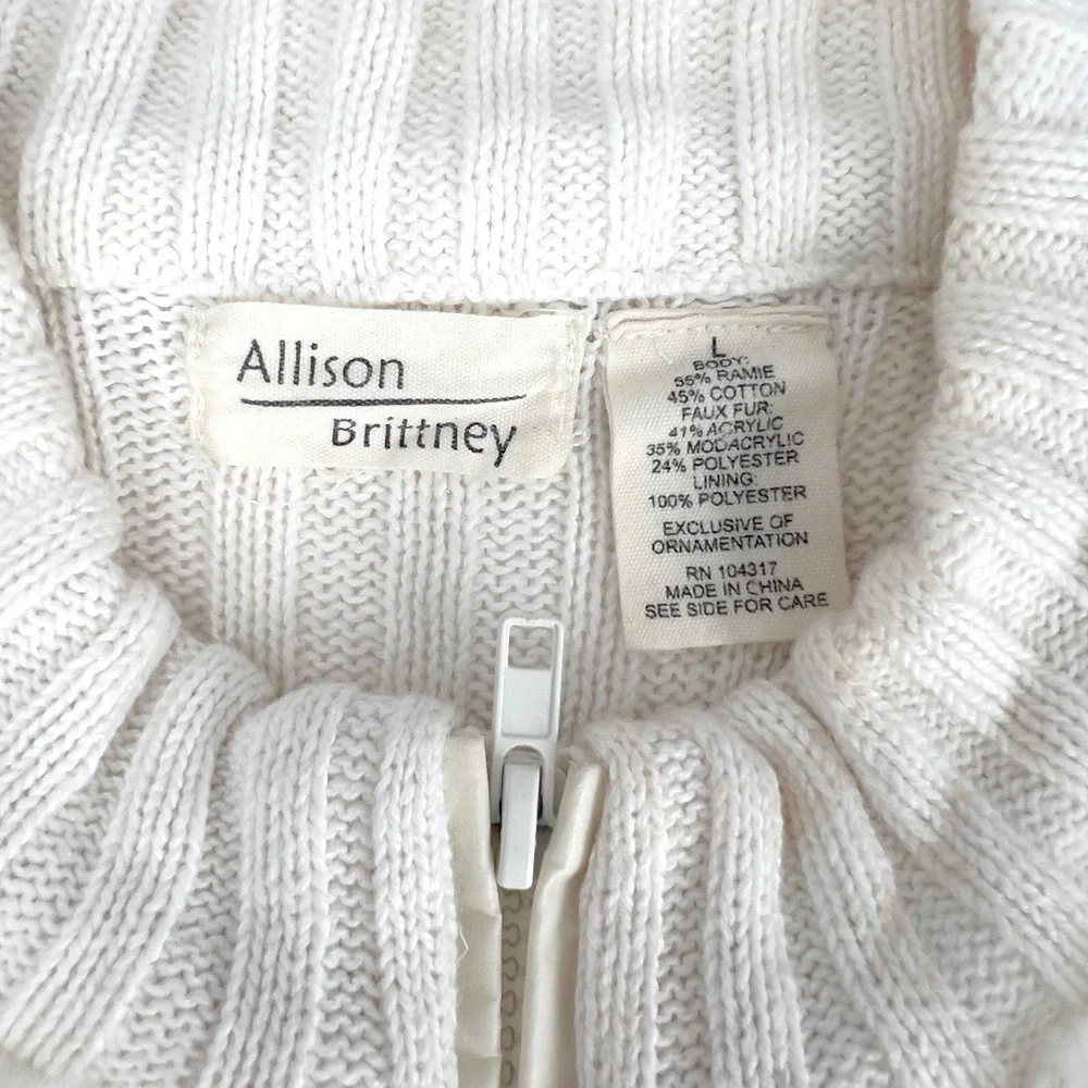 Allison Brittney Women's Faux Fur Sweater Vest Front Zip Ivory Tan Large - Picture 3 of 6